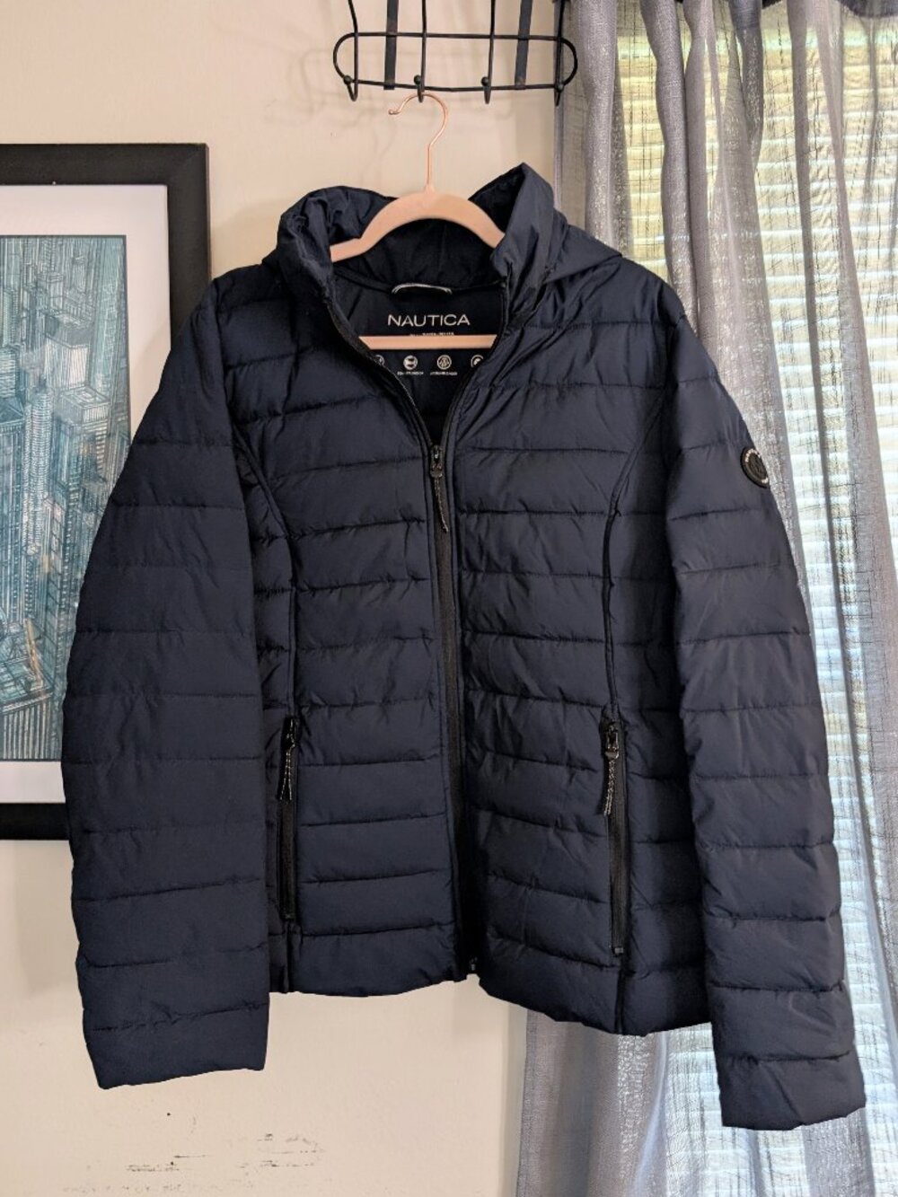 Nautica Navy Puffer Jacket Water Resistant Detachable Hood Size XXL